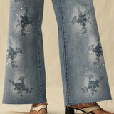 Bayeas High Rise Embroidered Embellished Wide Leg Jeans in light blue at ooh la la! in Grapevine TX 76051