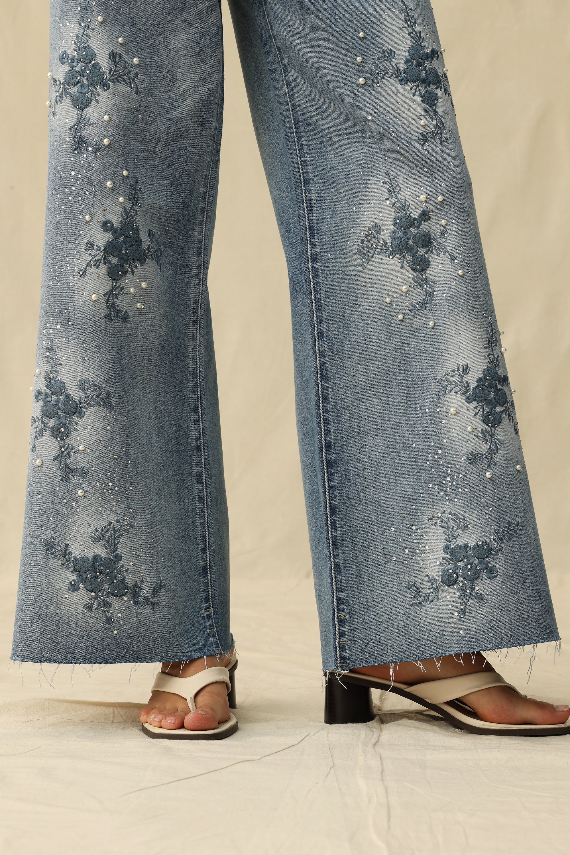 Bayeas High Rise Embroidered Embellished Wide Leg Jeans in light blue at ooh la la! in Grapevine TX 76051