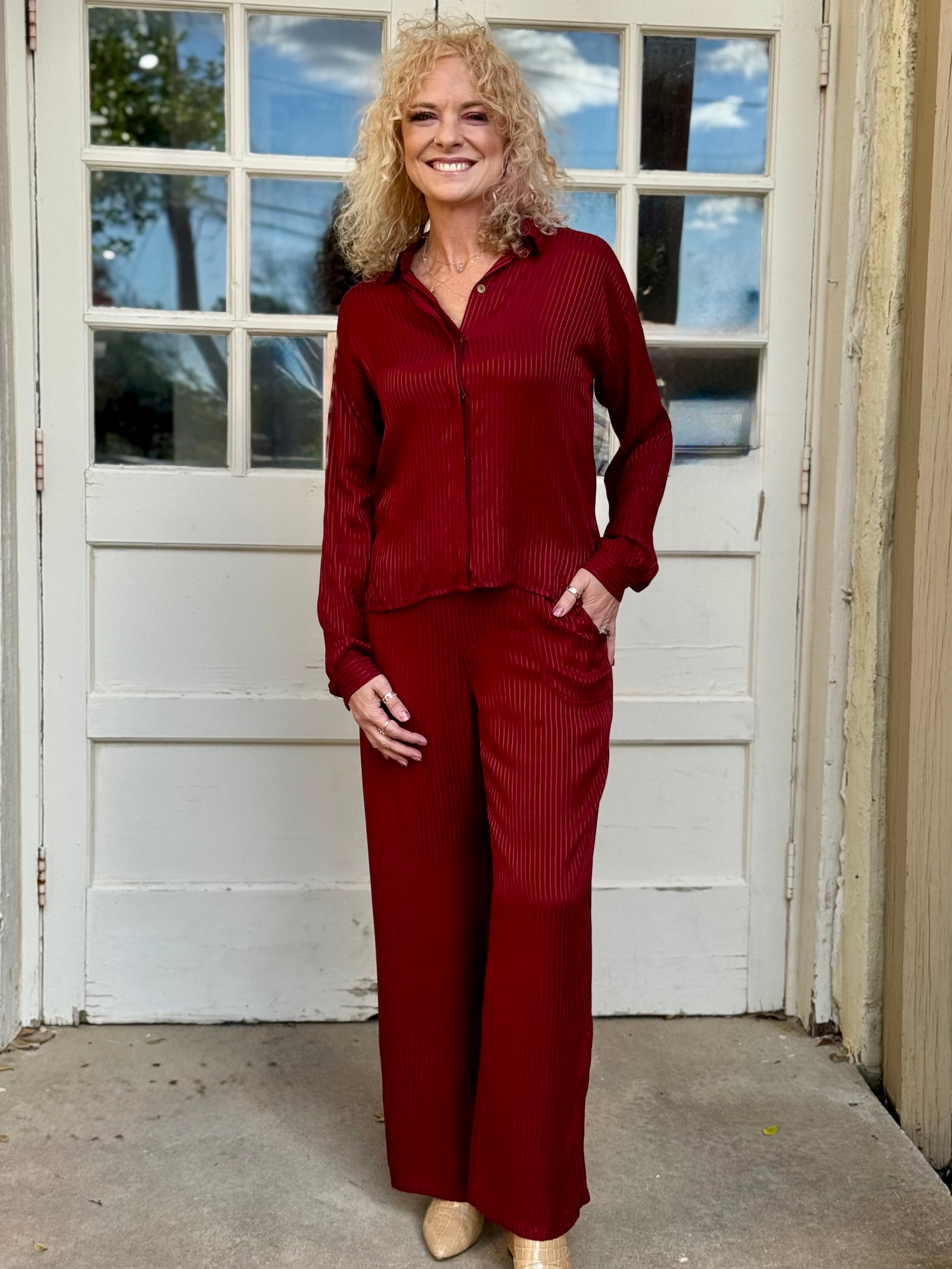 Aeson Button-Up Blouse and Harmon pant in Salem’s Door (burgundy) at ooh la la! in Grapevine TX 76051