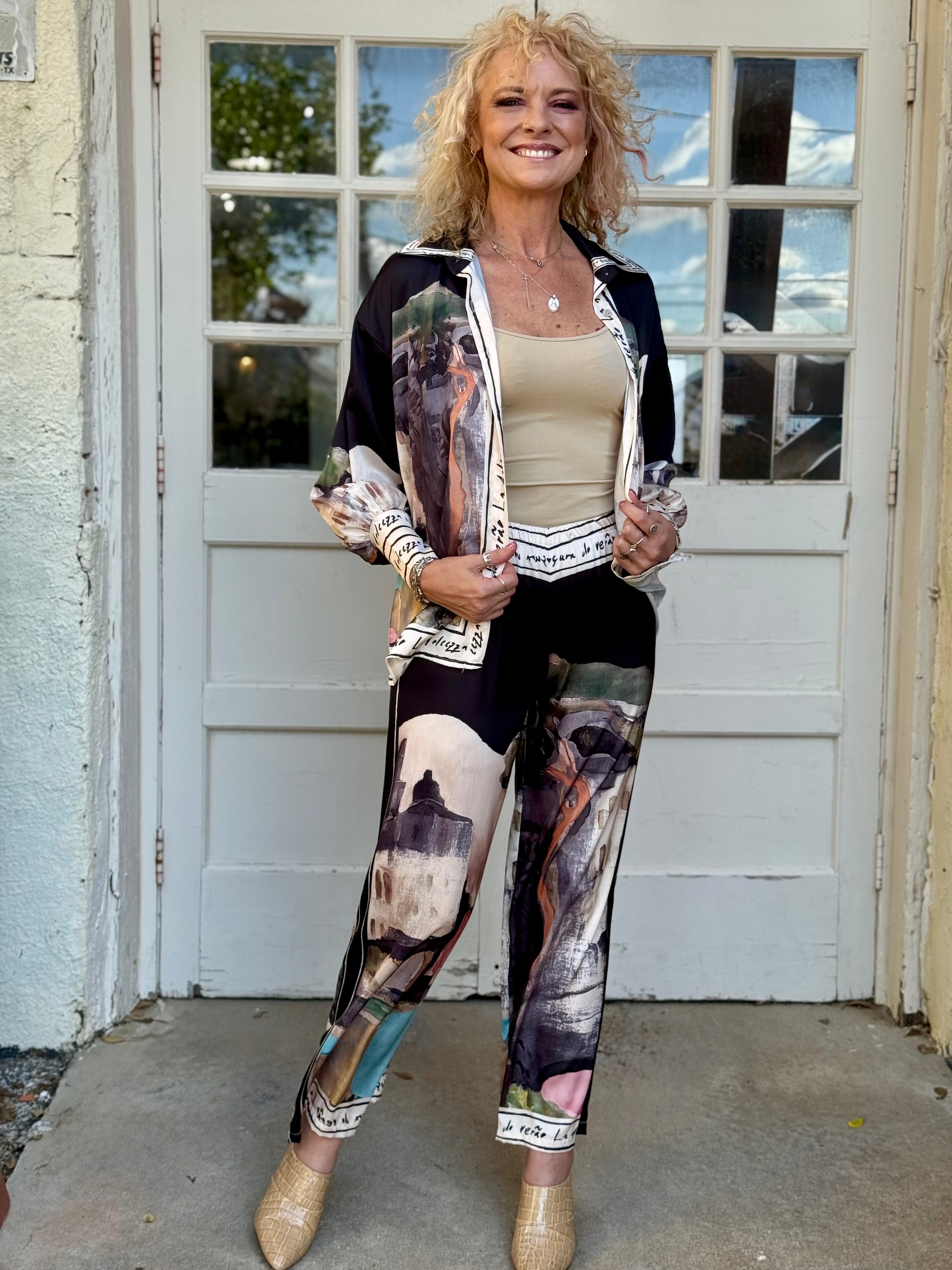 Satin Village Print Pant In black at ooh la la! in Grapevine TX 76051