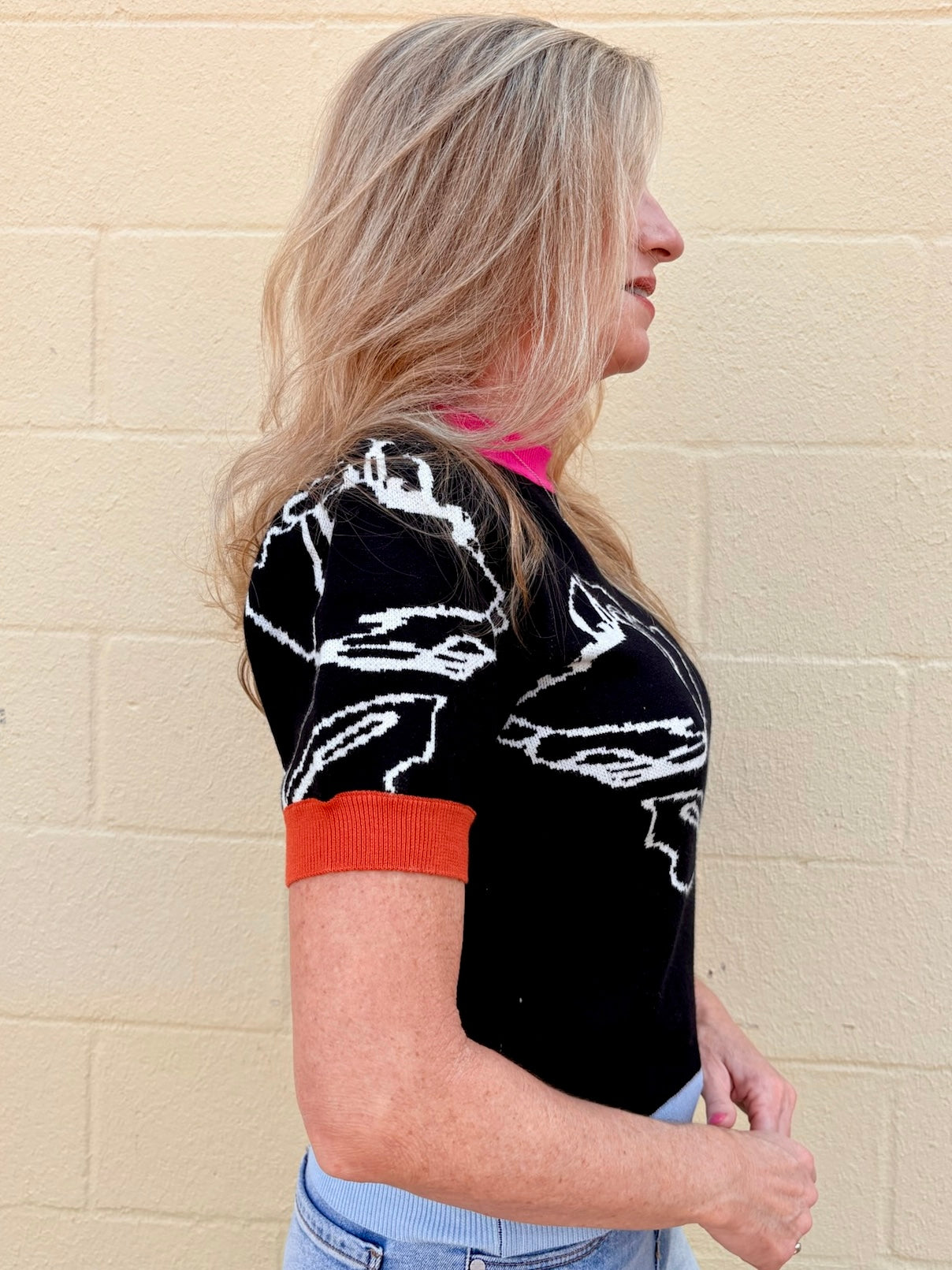 Color Blocked Band Floral Knit Top in black at ooh la la! in Grapevine TX 76051