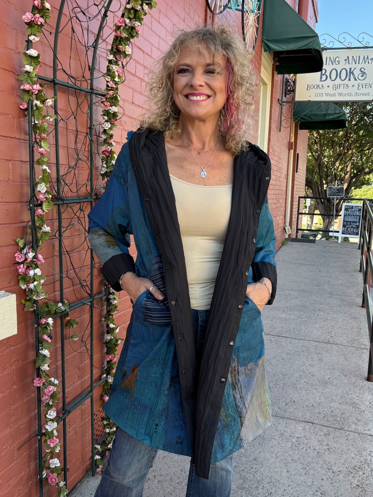 Reversible Hooded Rain Coat In blue blocks/black at ooh la la! in Grapevine TX 76051