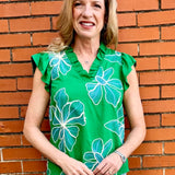 Floral embroidered top, green ruffle blouse, V-neck summer top, women's boho clothing, embroidered floral shirt, ruffle sleeve top, woven summer blouse.
ooh la la! in Grapevine TX 76051