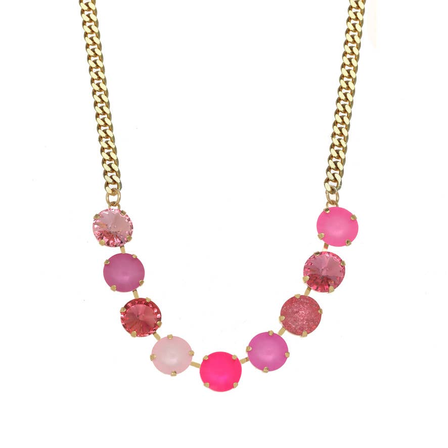 TOVA jewelry, pink crystal necklace, Mini Sofia necklace, pink statement jewelry, antique gold necklace, Canadian made jewelry, luxury fashion accessories, pink mix necklace. at ooh la la! in Grapevine TX 76051