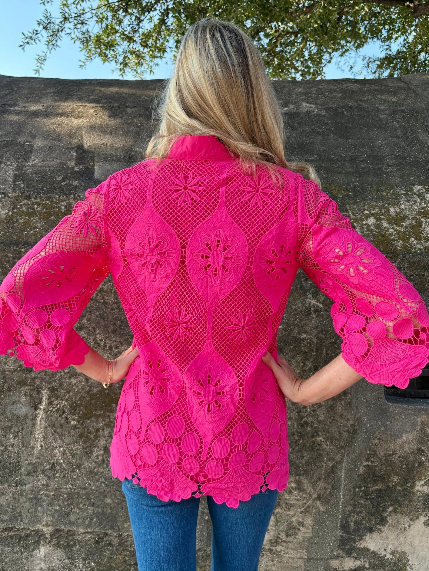 Jade Bell Sleeve Lace Tunic in Hot Pink at ooh la la! in Grapevine TX 76051