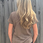 Molly Bracken Gold Beaded Trim V-Neck Top in Taupe at ooh la la! in Grapevine TX 76051