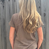 Molly Bracken Gold Beaded Trim V-Neck Top in Taupe at ooh la la! in Grapevine TX 76051