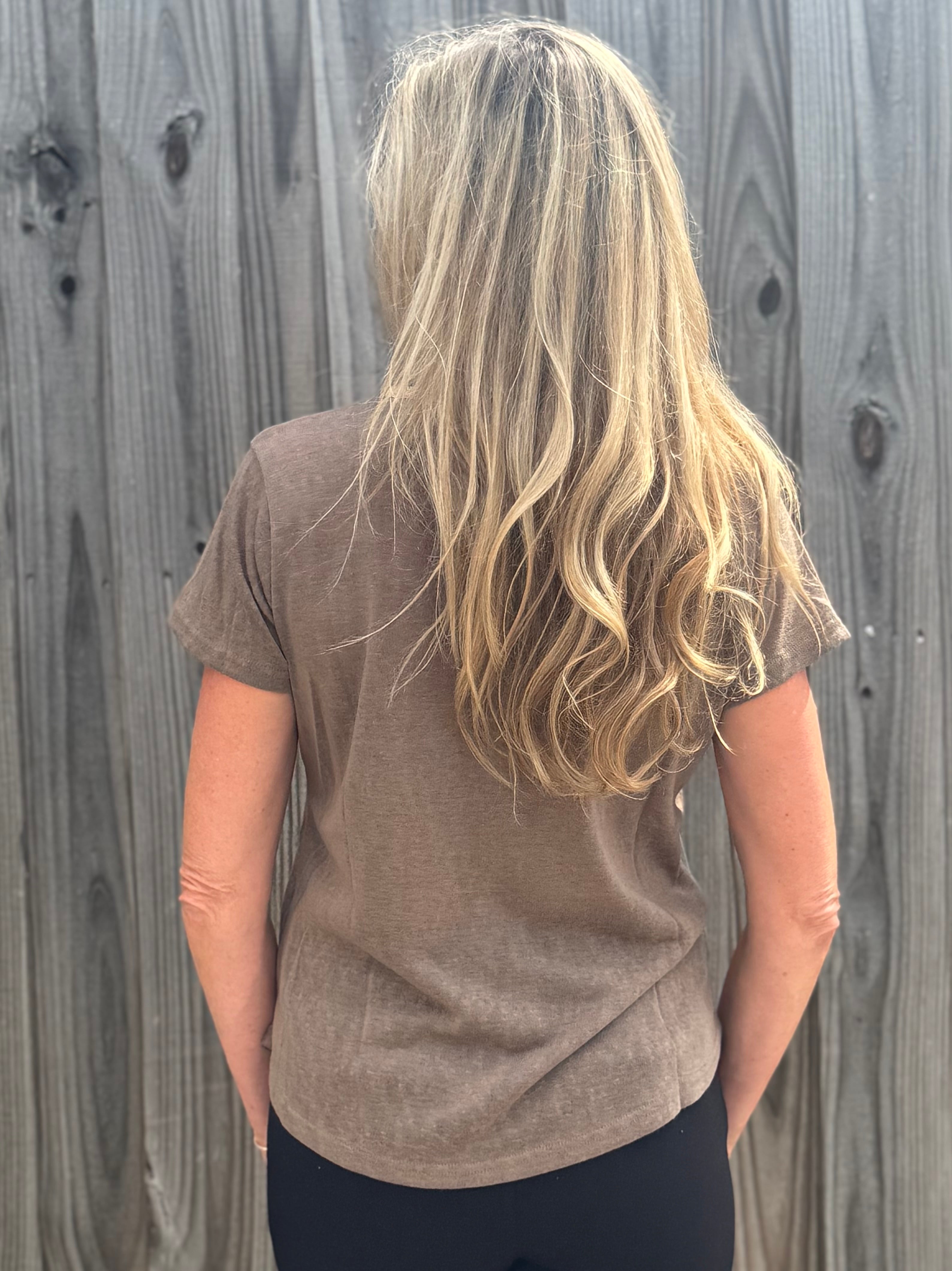 Molly Bracken Gold Beaded Trim V-Neck Top in Taupe at ooh la la! in Grapevine TX 76051