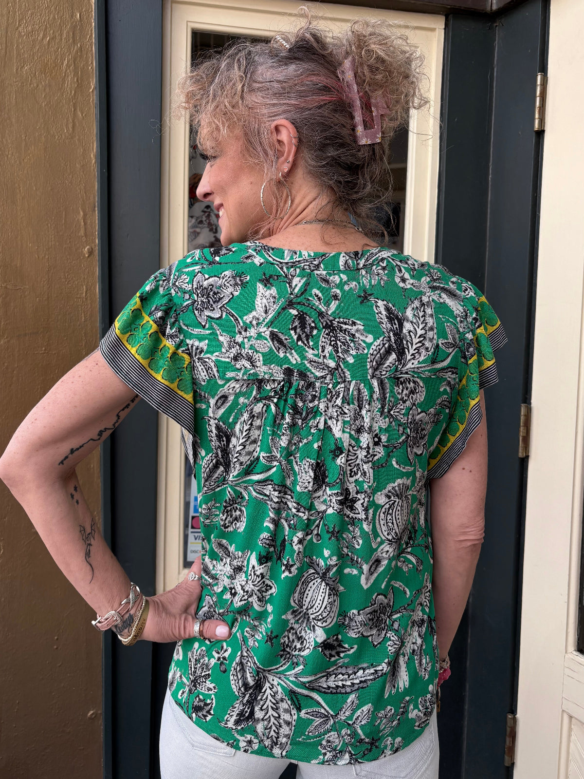 Olive Hill Flutter Sleeve Floral Button Up Blouse at ooh la la! in Grapevine TX 76051