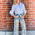 High Rise Wide Leg Lace Denim Jeans With Rhinestones in blue at ooh la la! in Grapevine TX 76051