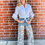 High Rise Wide Leg Lace Denim Jeans With Rhinestones in blue at ooh la la! in Grapevine TX 76051
