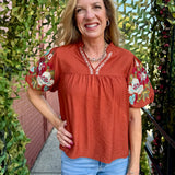 THML Floral Embroidered Sleeve VNeck Top in rust at Ooh La La! in Grapevine TX 76051