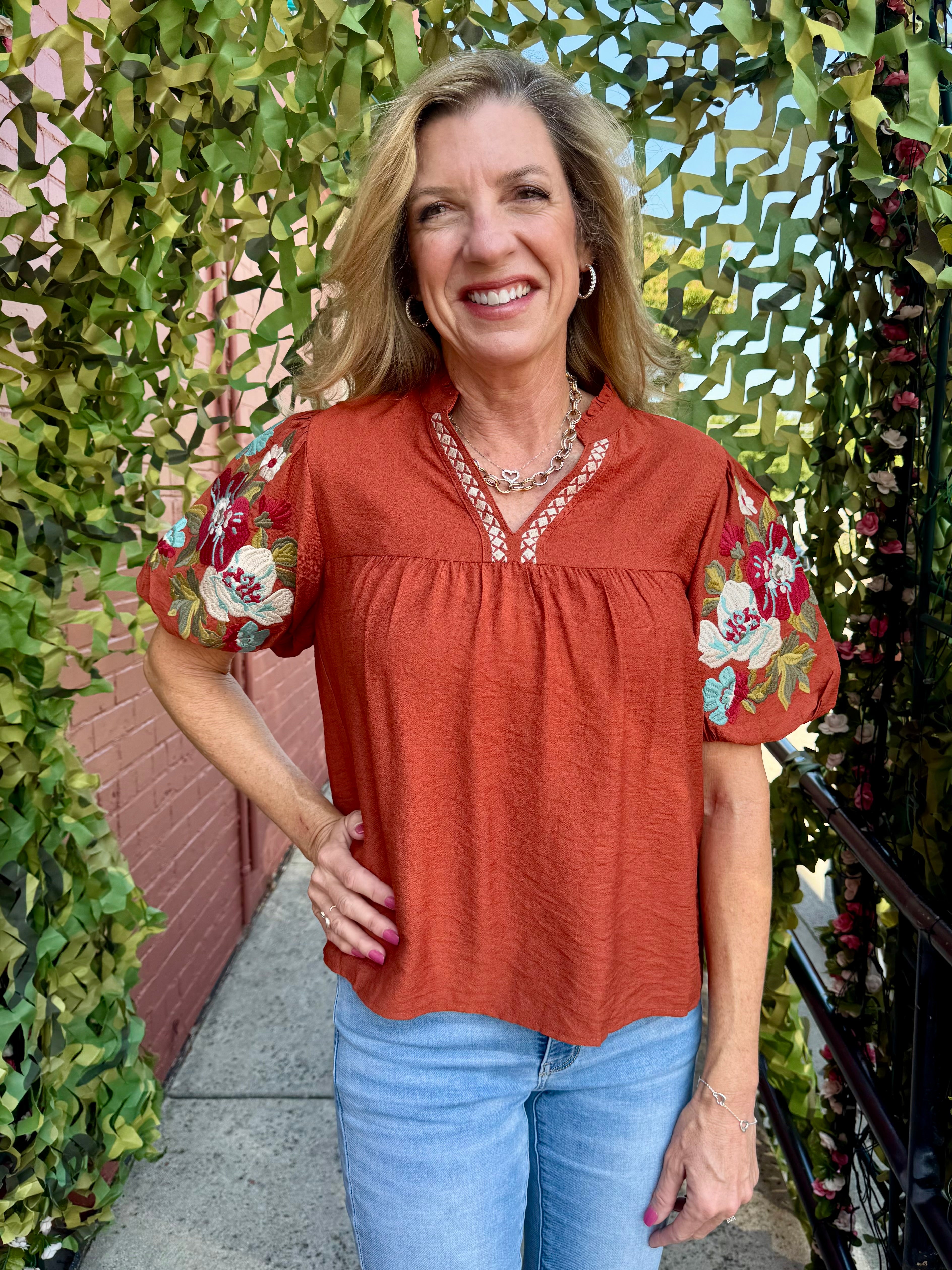 THML Floral Embroidered Sleeve VNeck Top in rust at Ooh La La! in Grapevine TX 76051