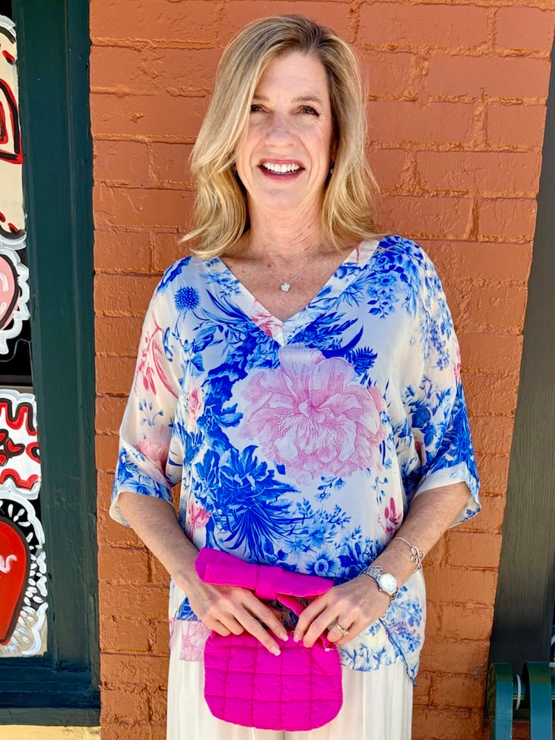 Peony Garden Print Silk VNeck Blouse w/Raw Edge in royal blue at ooh la la! in Grapevine TX 76051