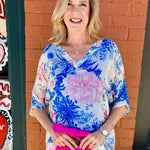 Peony Garden Print Silk VNeck Blouse w/Raw Edge in royal blue at ooh la la! in Grapevine TX 76051