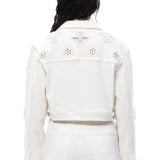 Petal Cutout Pearl-Embellished Cropped Denim Jacket