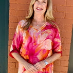 Marble Watercolor Print Silk VNeck Blouse w/Raw Edge in Fuchsia at ooh la la! in Grapevine TX 76051