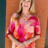 Marble Watercolor Print Silk VNeck Blouse w/Raw Edge in Fuchsia at ooh la la! in Grapevine TX 76051