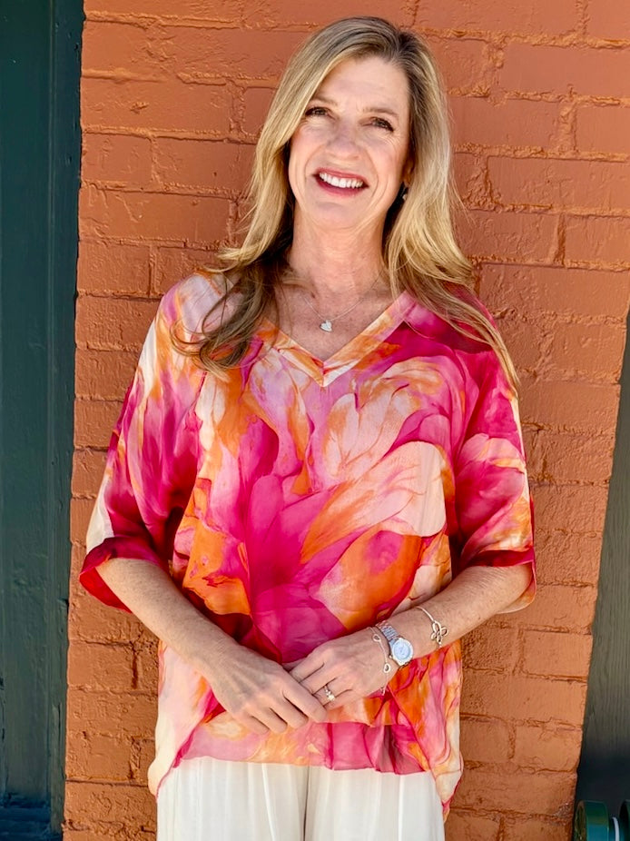 Marble Watercolor Print Silk VNeck Blouse w/Raw Edge in Fuchsia at ooh la la! in Grapevine TX 76051