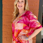 Marble Watercolor Print Silk VNeck Blouse w/Raw Edge in Fuchsia at ooh la la! in Grapevine TX 76051