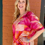 Marble Watercolor Print Silk VNeck Blouse w/Raw Edge in Fuchsia at ooh la la! in Grapevine TX 76051