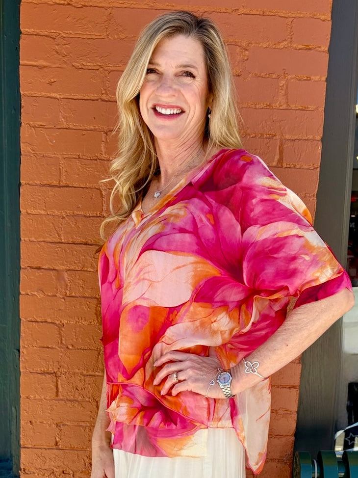 Marble Watercolor Print Silk VNeck Blouse w/Raw Edge in Fuchsia at ooh la la! in Grapevine TX 76051