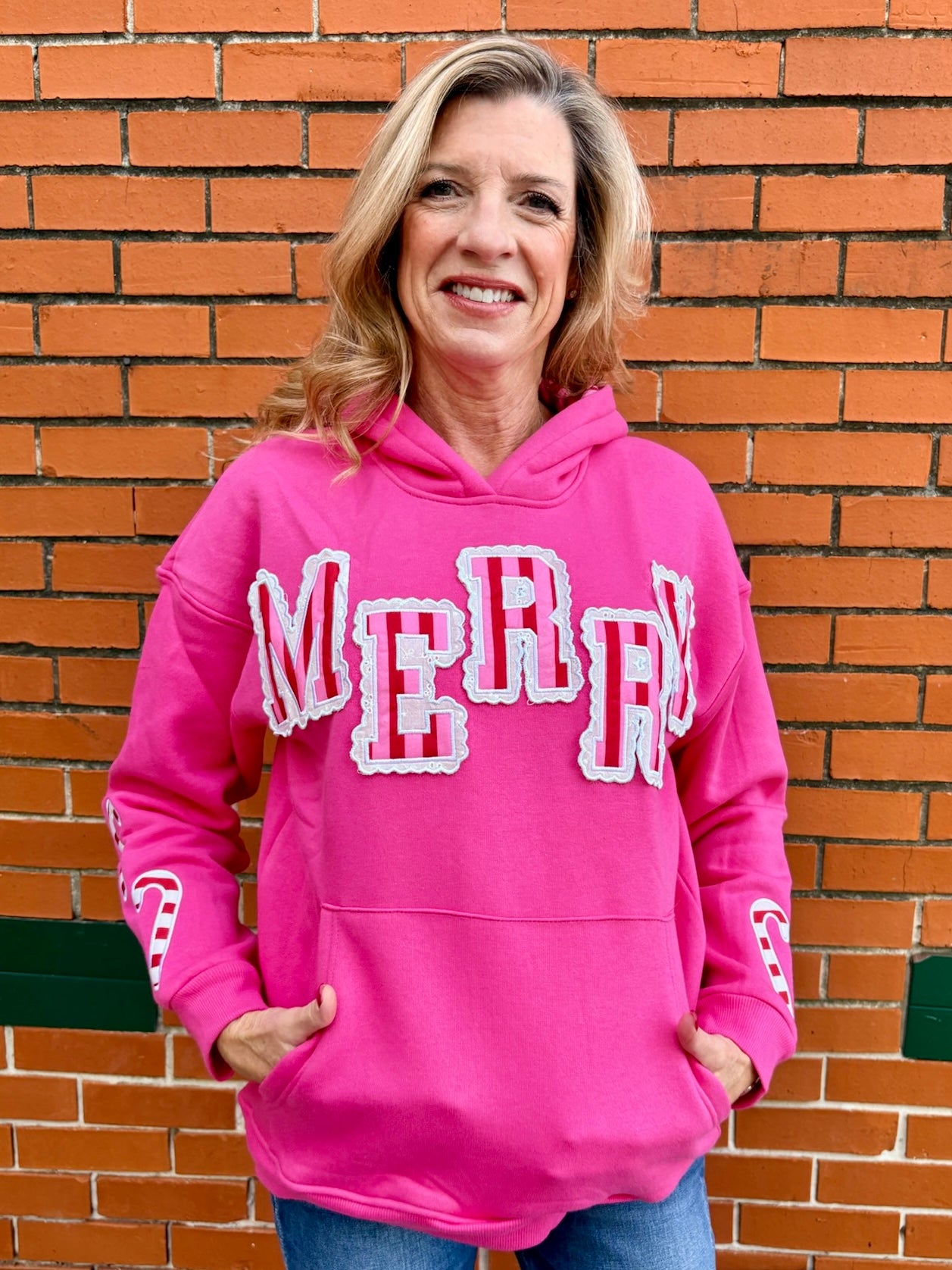 Simply Southern Merry Applique Hooded Sweatshirt at ooh la la! in Grapevine TX 76051