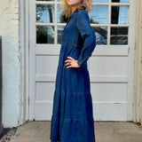 Judith Long Sleeve Denim Tiered Maxi Dress at ooh la la! in Grapevine TX 76051