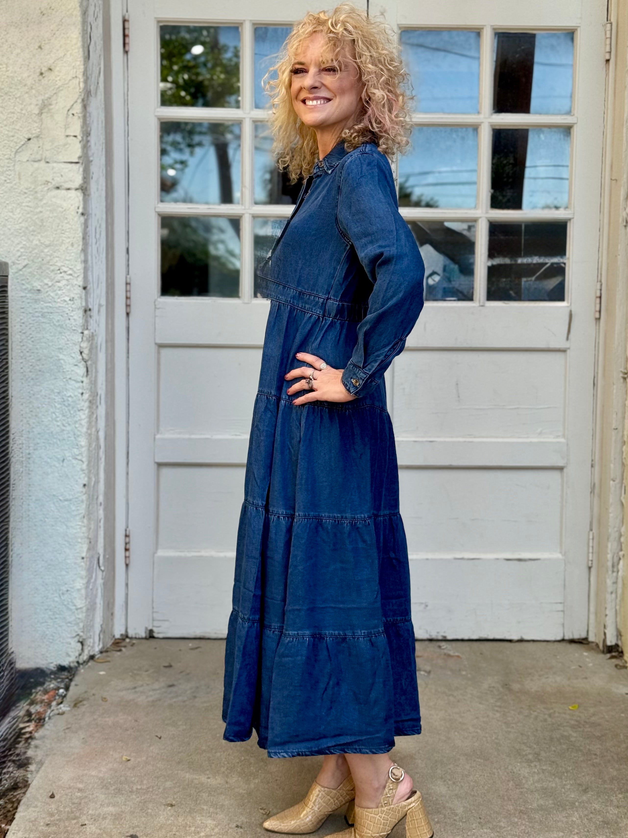 Judith Long Sleeve Denim Tiered Maxi Dress at ooh la la! in Grapevine TX 76051