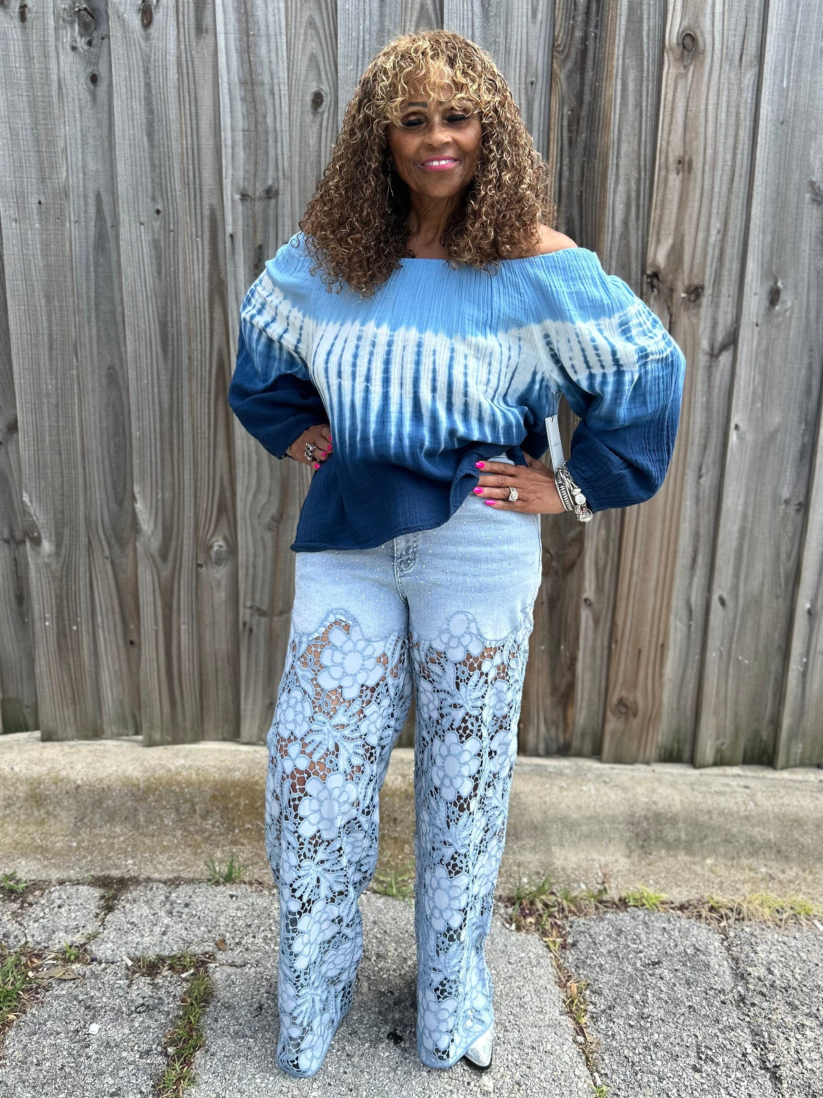 Wide Leg Daisy Lace Bottom Sparkly Jeans at ooh la la! in Grapevine TX 76051