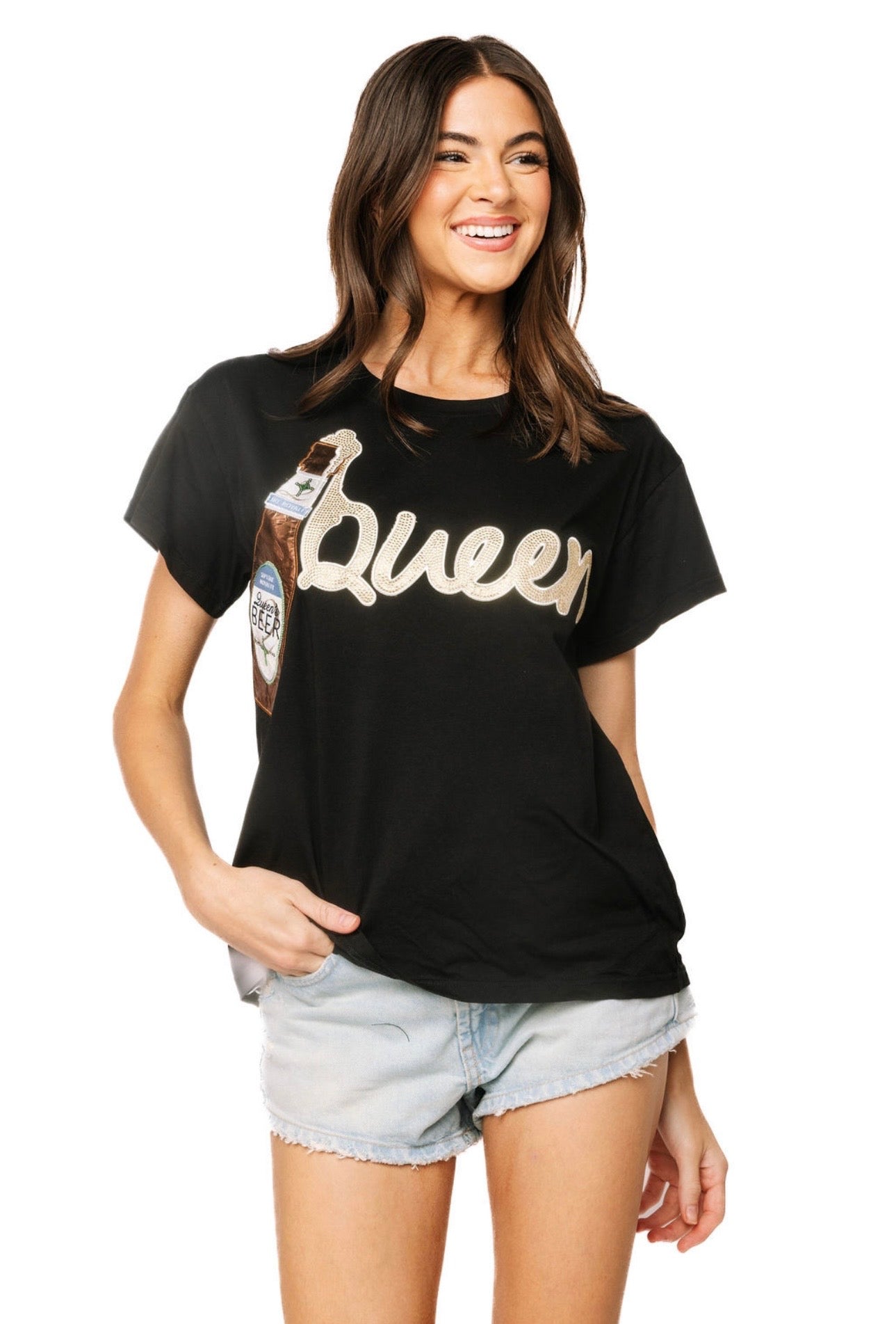 Queen of Sparkles Black Spilling Beer ‘Queen’ Tee at ooh la la! in Grapevine TX 76051