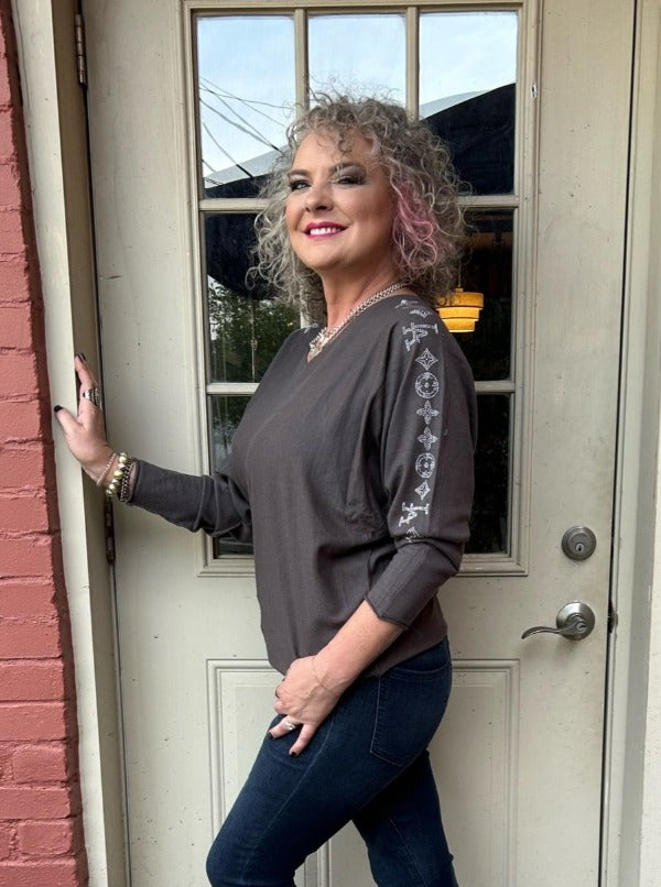 Iconic Clovers Crystal Trim Sweater in Grey at ooh la la! in Grapevine TX 76051