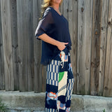 Made in Italy Satin Horse Print Pants in navy at ooh la la! in Grapevine TX 76051