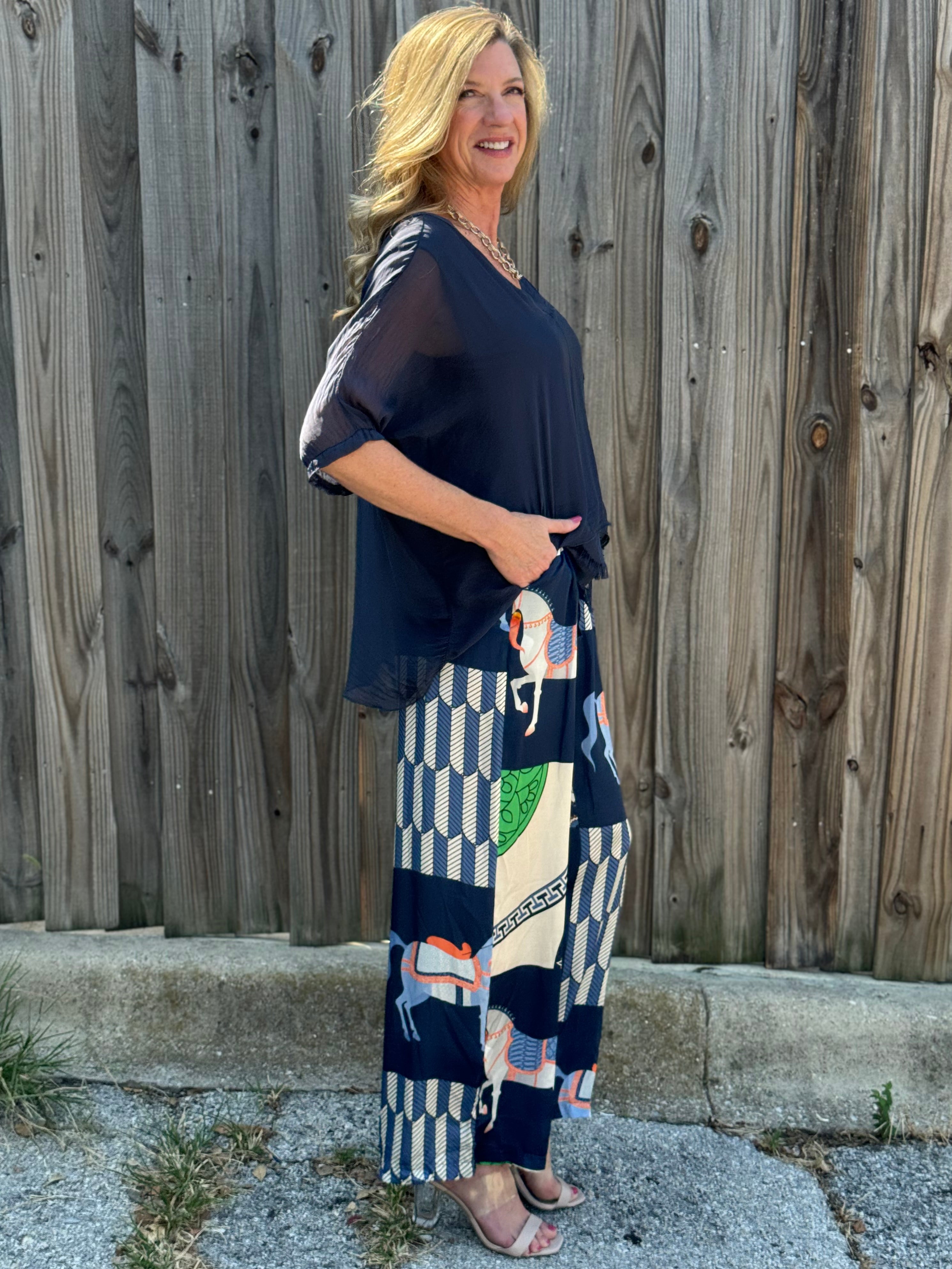 Made in Italy Satin Horse Print Pants in navy at ooh la la! in Grapevine TX 76051