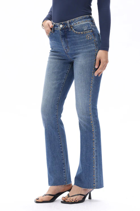 High Rise Boot Cut Brass Rivet Trim Jeans in Medium Blue at ooh la la! in Grapevine TX 76051