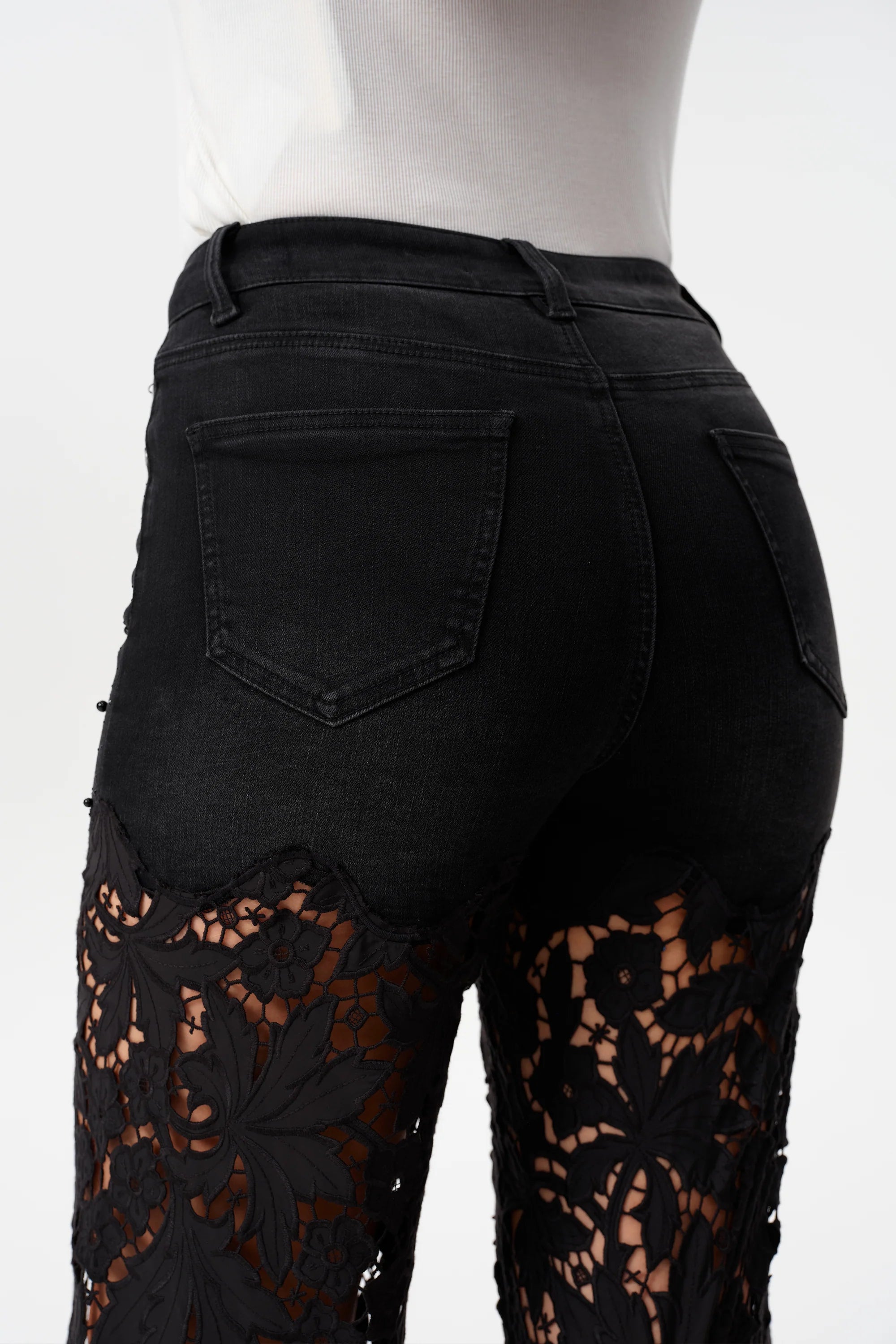 Bayeas High Rise Embroidered Floral Lace Wide Leg Jeans in Inkgauze black at ooh la la! in Grapevine TX 76051