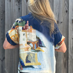 Made in Italy Satin Collared Village Print Blouse in navy at ooh la la! in Grapevine TX 76051