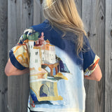 Made in Italy Satin Collared Village Print Blouse in navy at ooh la la! in Grapevine TX 76051
