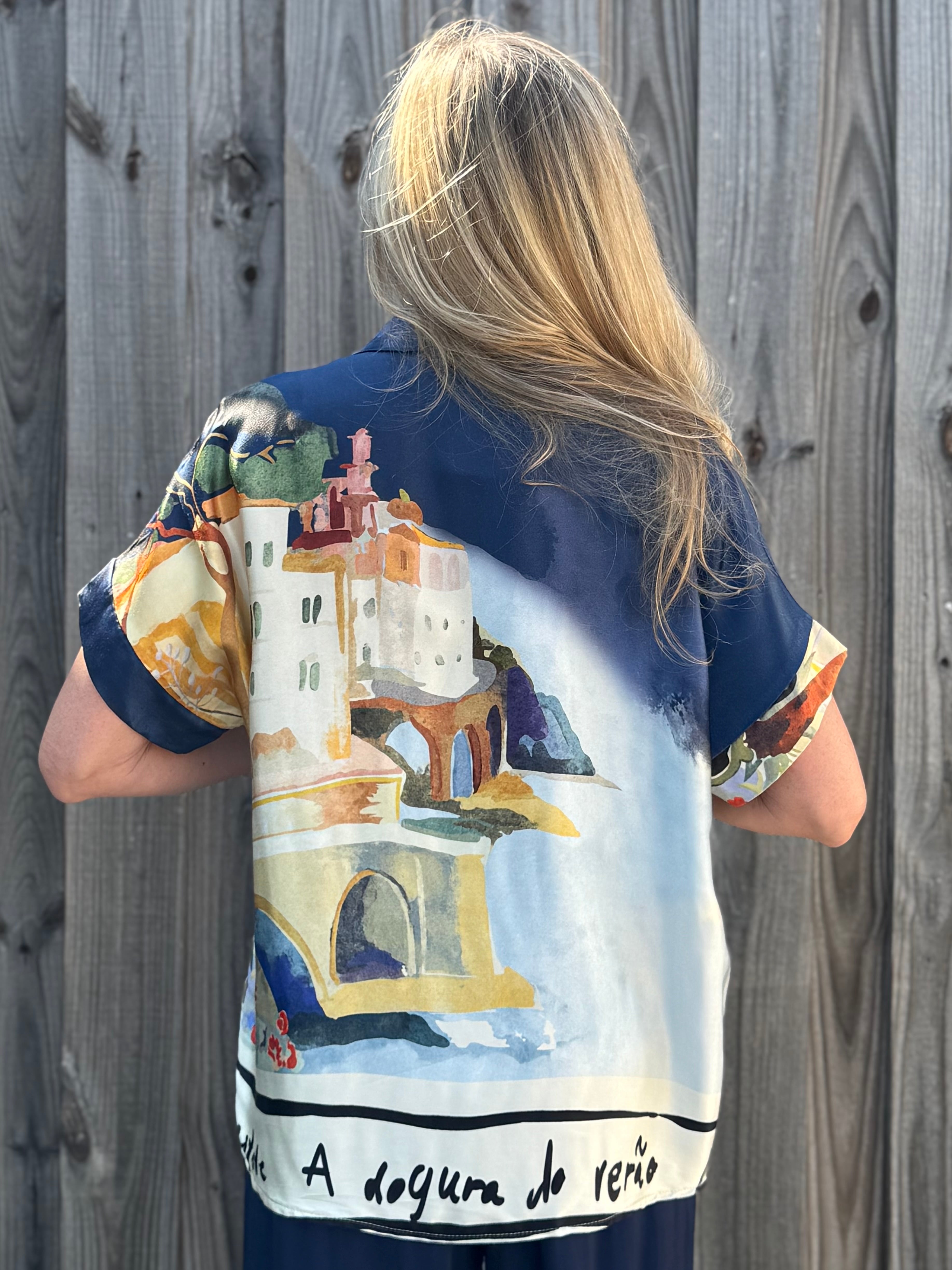 Made in Italy Satin Collared Village Print Blouse in navy at ooh la la! in Grapevine TX 76051