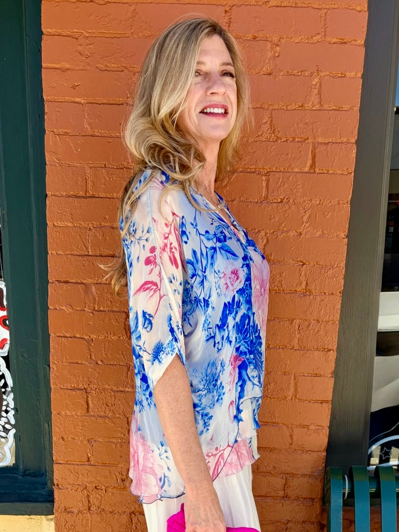 Peony Garden Print Silk VNeck Blouse w/Raw Edge in royal blue at ooh la la! in Grapevine TX 76051