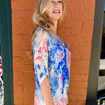 Peony Garden Print Silk VNeck Blouse w/Raw Edge in royal blue at ooh la la! in Grapevine TX 76051