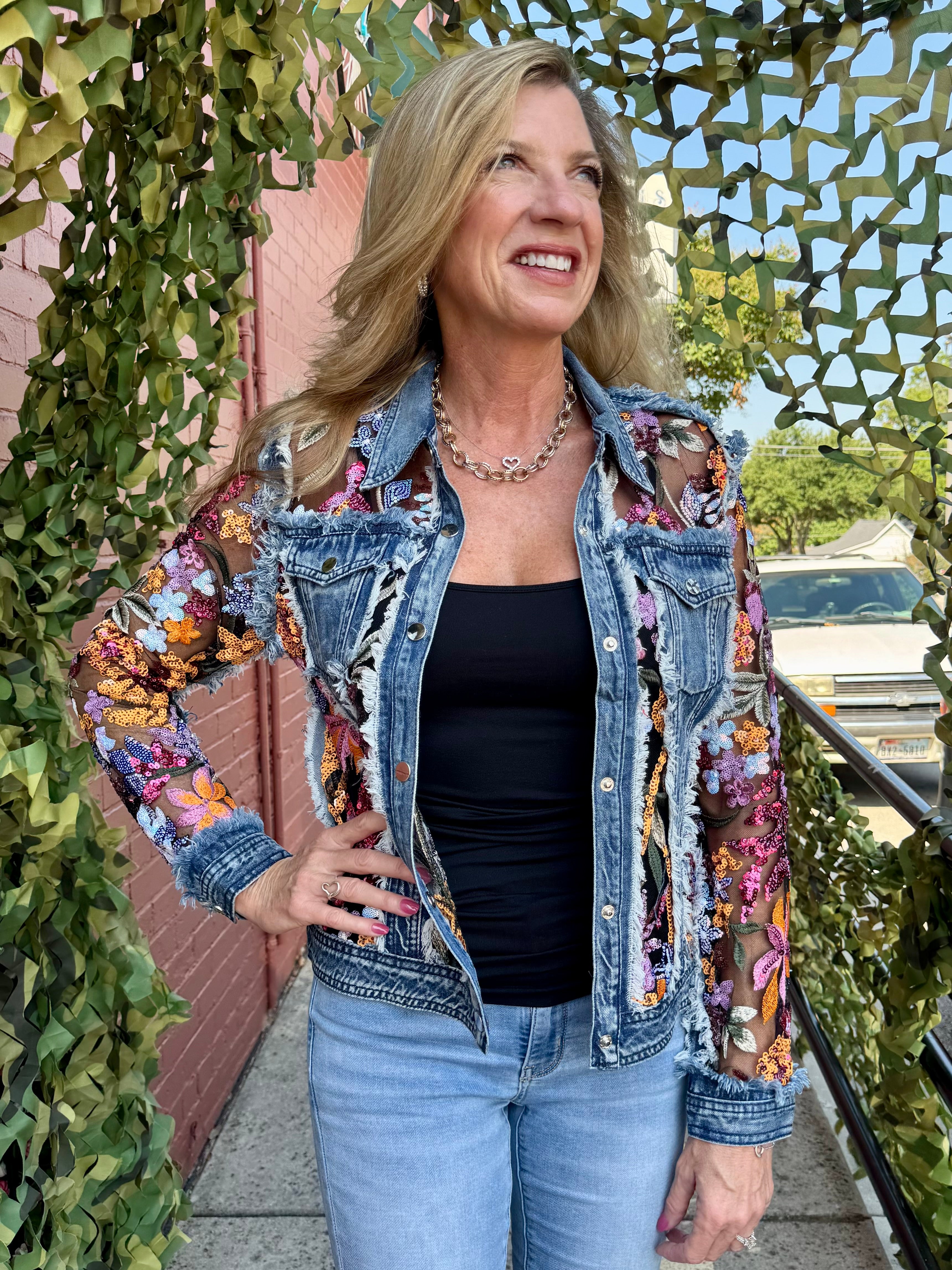 Adore Denim Jacket With Sequin Lace at Ooh La La! in Grapevine TX 76051