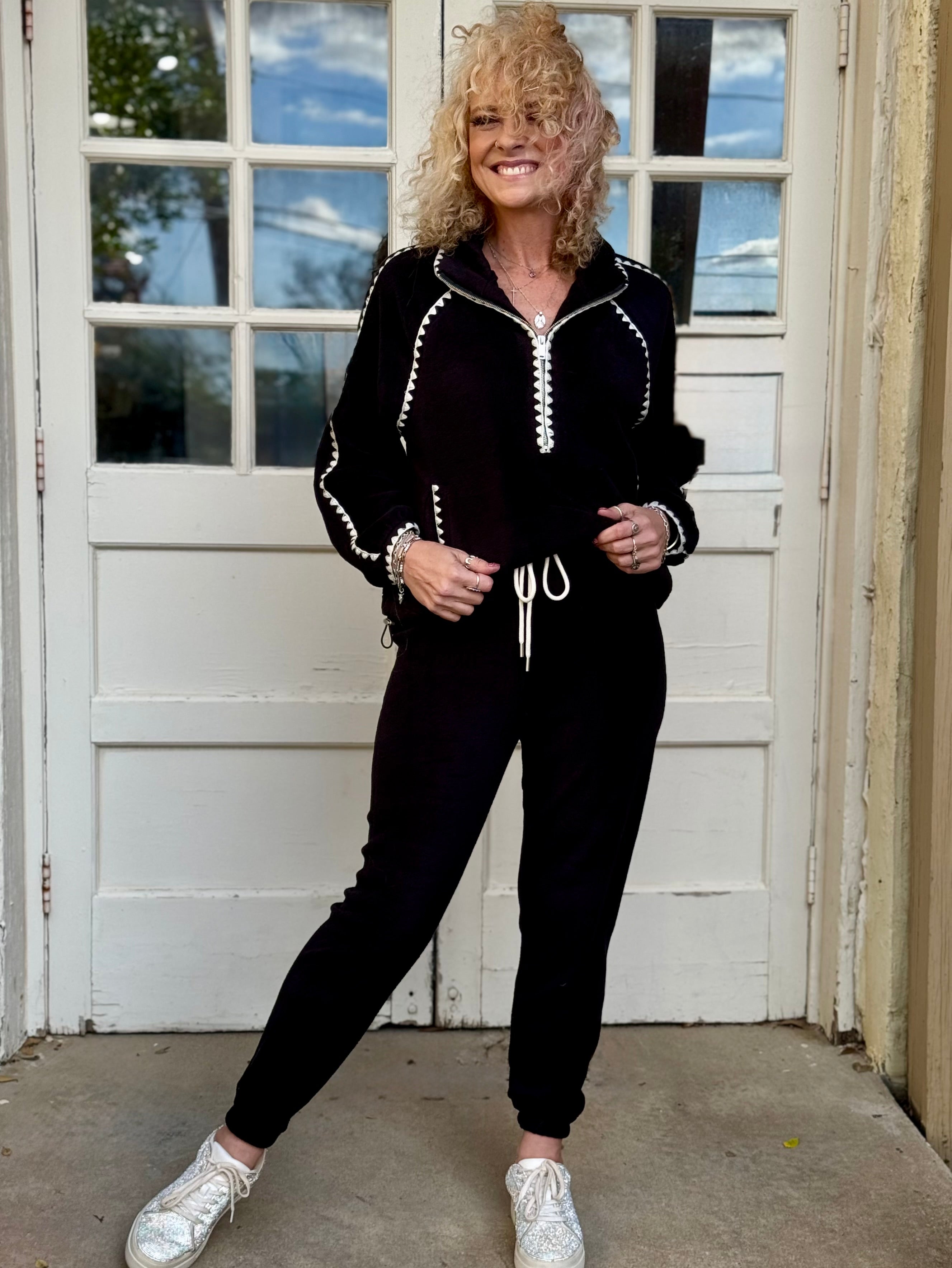 Trimmed Plush Jogger Set in black at ooh la la! in Grapevine TX 76051