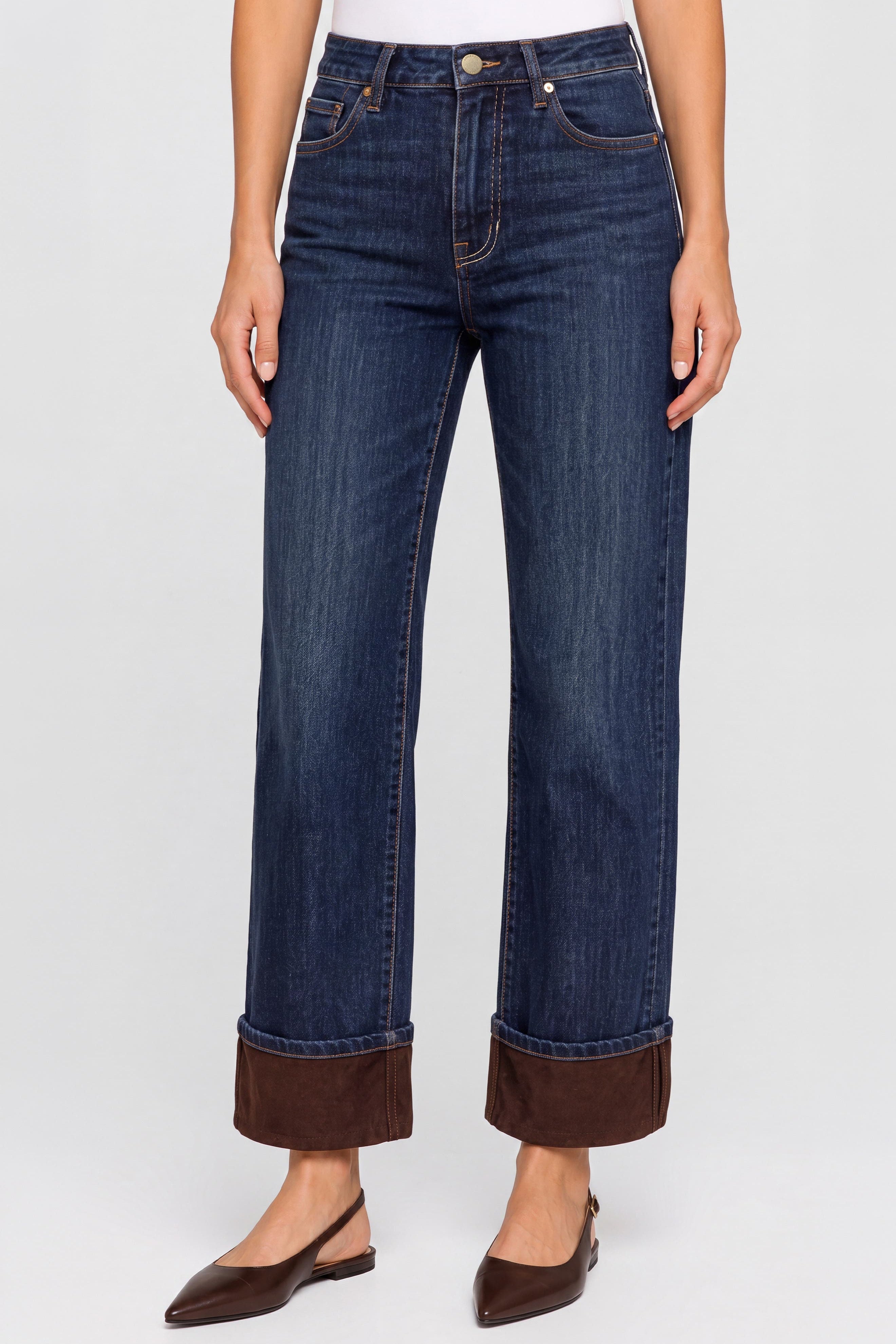 Liverpool Kennedy Straight jeans in Mystic Pond dark wash with chocolate velvet cuffs
