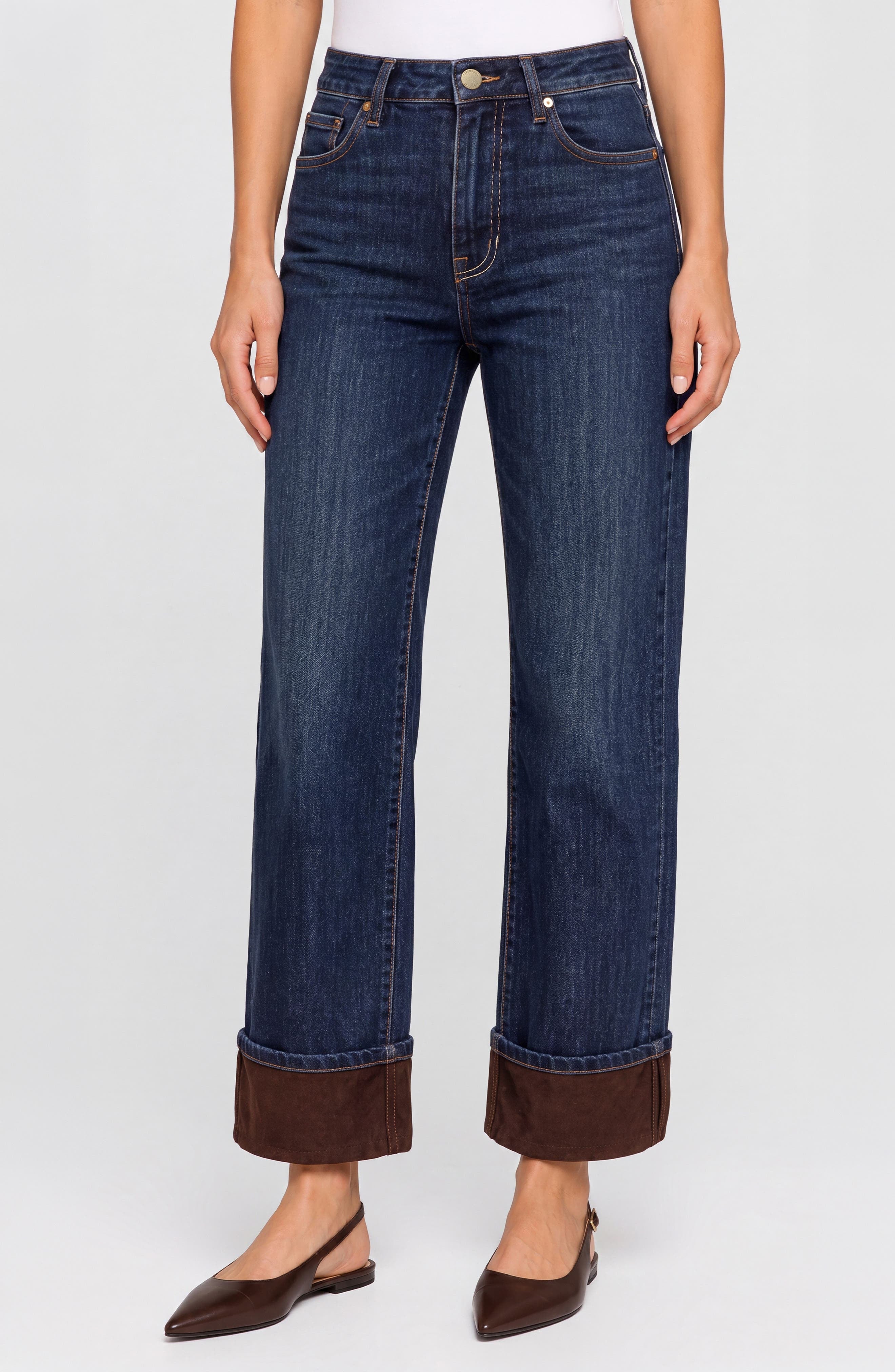 Liverpool Kennedy Straight jeans in Mystic Pond dark wash with chocolate velvet cuffs