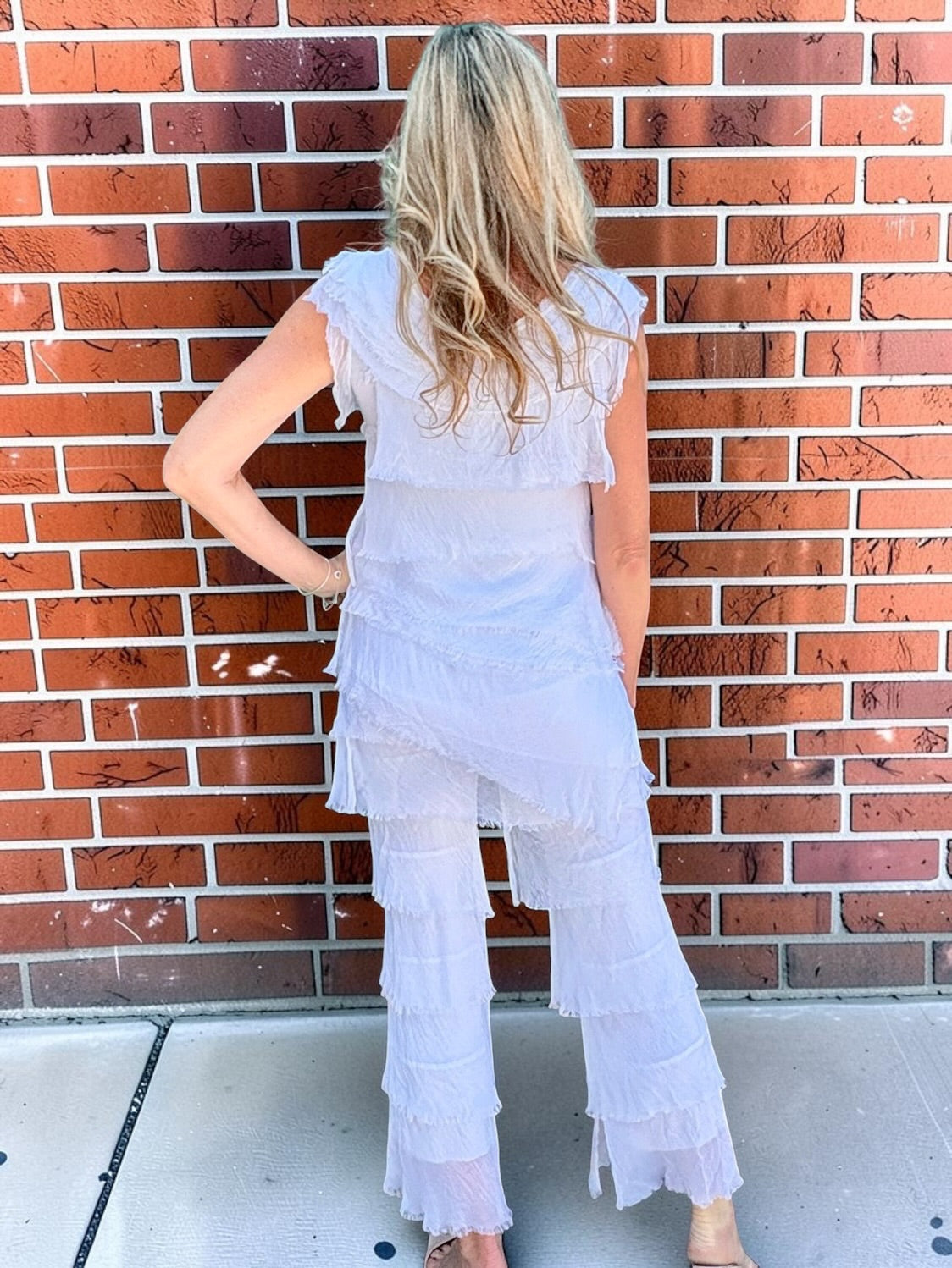 Made in Italy Silk Ruffle Pants in White at ooh la la! in Grapevine TX 76051