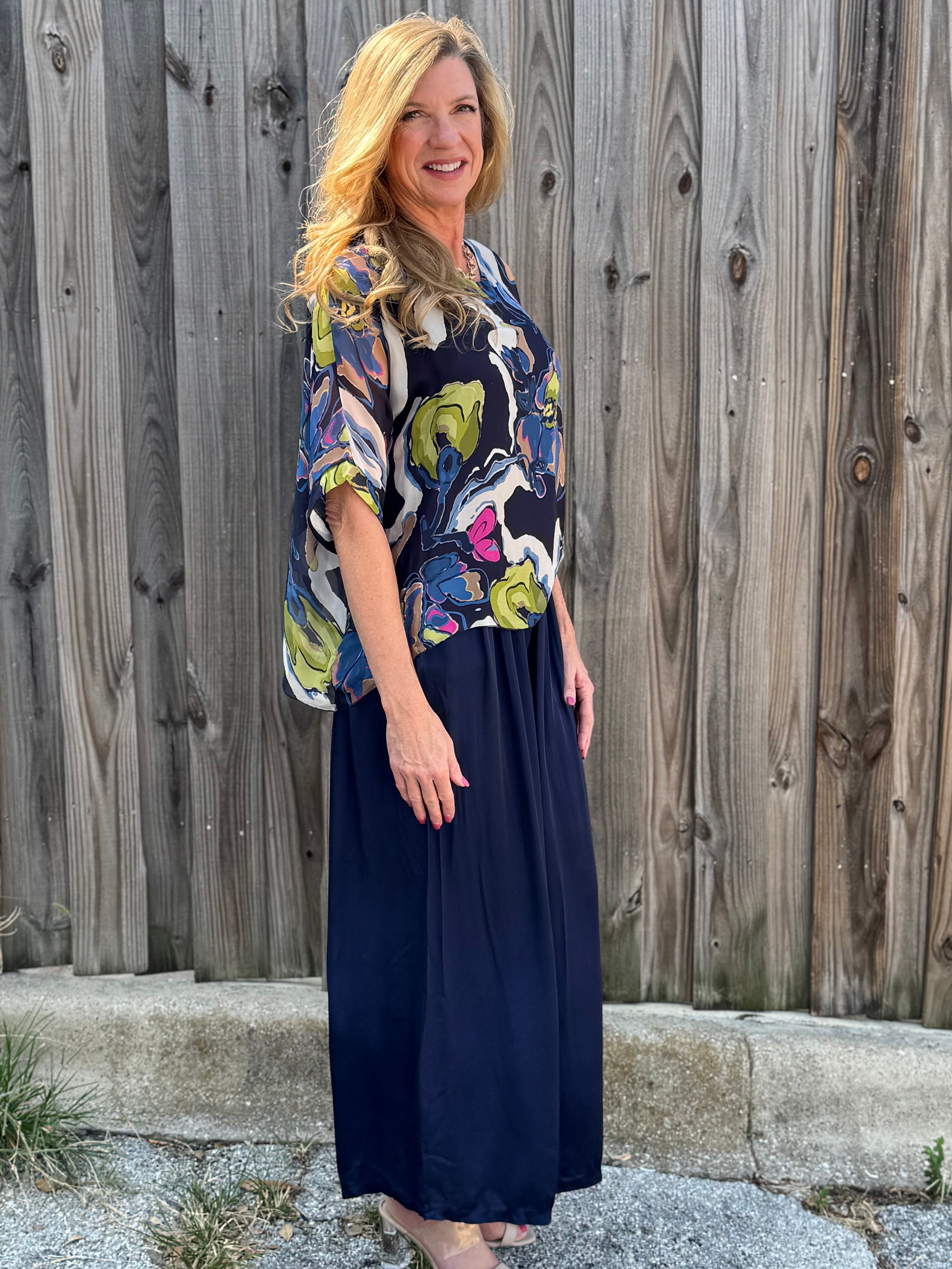 Made in Italy Satin Wide Leg Pants in navy at ooh la la! in Grapevine TX 76051