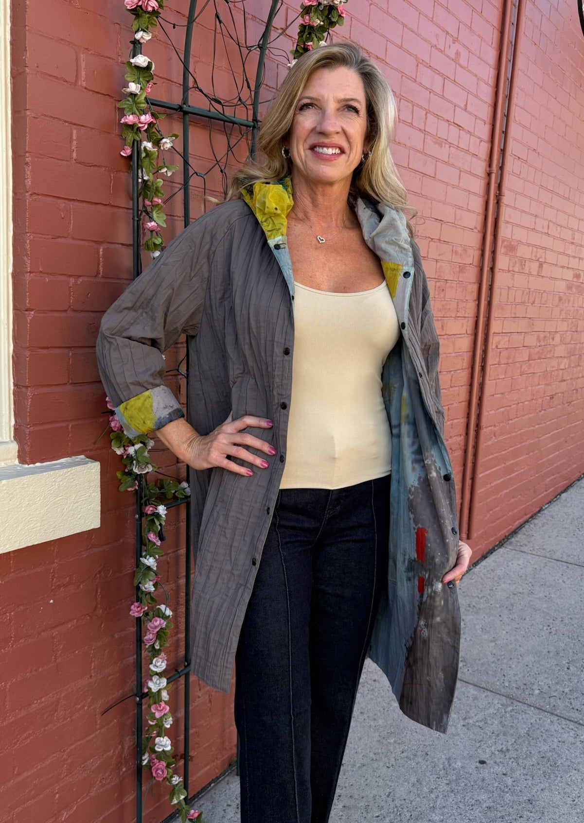 Reversible Hooded Rain Coat In multi blocks/taupe at ooh la la! in Grapevine TX 76051