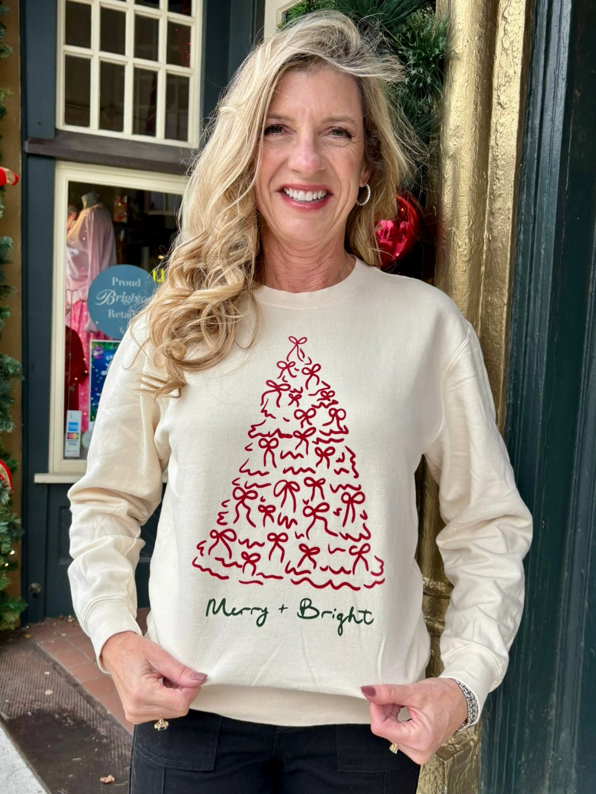 Merry & Bright Bow Sweatshirt in ivory at ooh la la! in Grapevine TX 76051