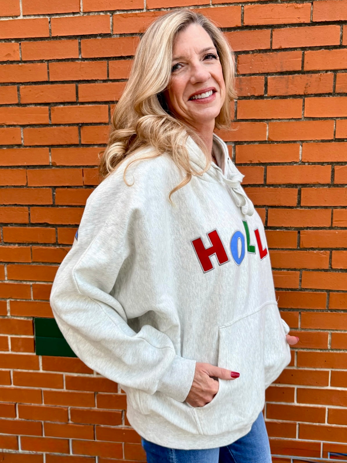 Holly Jolly Appliques Hooded One Size Sweatshirt in ash grey at ooh la la! in Grapevine TX 76051